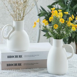 Tanvecle White Ceramic Vase Set - 2 Small Vases with Handle, Pottery Vases for Modern Home Decor, Minimalist Matte Pitcher for Fowers, Decorative Clay Vase Centerpiece Dining Table Decorations