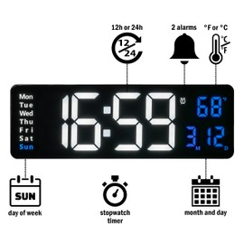 Opis Clock 1 (XXL White & Blue) – Extra Large Digital Wall Clock with Date, Temperature and Timer – The Big LED Large Digital Clock for Walls
