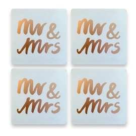 MIJOMA Set of 4 Wooden Coasters, White with Golden 'Mr & Mrs' Print, 10 x 10 cm, 6 mm Material Thickness, Perfect for Wedding Gifts, Home Accessories and Table Decoration