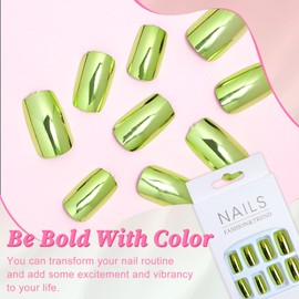 EternalClassic Green Chrome Press on Nails Short Square Mirror Metallic Press on Nails Chrome Fake Nails, Chrome Nails Press on 24Pcs Glue on Nails Glossy Stick on Nails for Women
