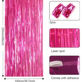 YAAVAAW 2pcs 3.2 x 8.3ft Glitter Hot Pink Foil Fringe Curtain Backdrop Tinsel Curtain Party Streamers Curtain Backdrop Decorations for Birthday School Graduation Hen Girls Party Decorations