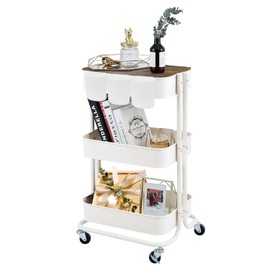 Melody House 3-Tier Metal Utility Rolling Cart Storage Side End Table with Cover Board for Office Home Kitchen Organization, Cream White
