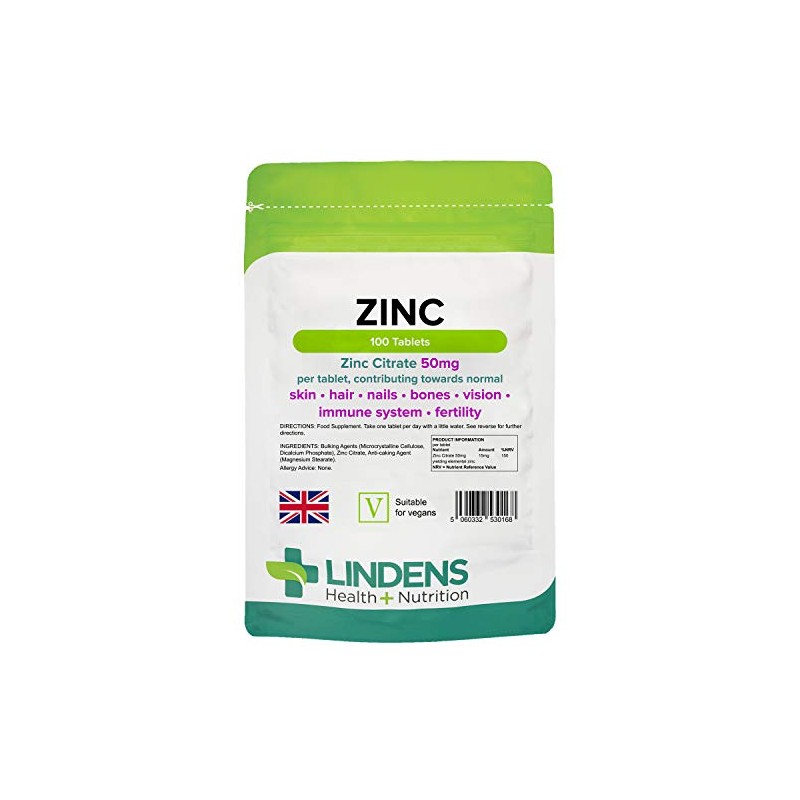 Lindens Zinc Citrate 50mg - 100 Vegan Tablets - Immune