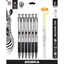 Zebra Pen F-301 Ballpoint Fine Point 0.7mm Stainless Steel Retractable 6-Pack + Bonus Mildliner Highlighter – Black Easy-Glide Ink, Non-Slip Grip, Metal Clip, Refillable, Professional Design (27192)