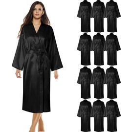 12 Set Long Satin Robes for Women Full Length Sleepwear Silky Bath Robe Soft Kimono Dressing Gown for Wedding Birthday Bachelorette Party Bridemaids - Black