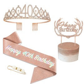 POPOYU 40th Birthday Tiara and Sash,Rose Gold 40th Birthday Crown,Birthday Queen Sash,Sweet 40 Birthday& Sash for for Her Women Birthdays Accessories Gifts Party Costume Decoration