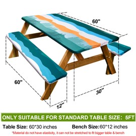Picnic Table Cover with Bench Covers Camping Essentials Waterproof Windproof Camping Tablecloth with Drawstring Bag, Fitted Rectangle Tables and Seats, 60in, Orange Blue