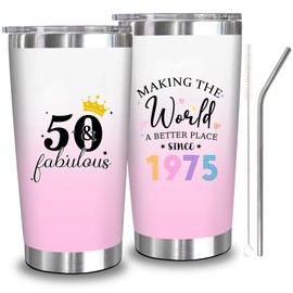 50th 1975 Birthday Gifts for Women, 50 Year Old Birthday Cups Gifts for Her, 50th Birthday Decorations for Woman, Cool 50 Gift for Women Turning 50, 50 and Fabulous 20 OZ Stainless Steel Tumbler