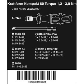 Wera 05059293001 Torque Screwdriver Set Kraftform Compact 60 Torque 1.2 - 3 Nm 17 Piece Set
