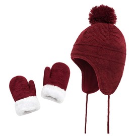 Baby Toddler Kids Girls Hats and Gloves Set Winter Knit Earflap Beanie Warm Fleece Cap 1-6T