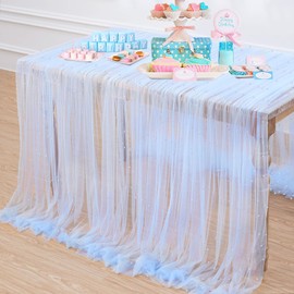 LuoluoHouse Baby Blue Pearl Table Cloth: Wedding Table Runner Decor 10ft Tulle Fabric for Party Bridal Shower Wedding Arch Veil Lace Table Runner Decorations 60x120 Inch