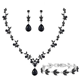 Paxuan Bridal Wedding Elegant Floral Jewelry Set for Women/Brides/Bridesmaids Crystal Jewelry Set for Wedding Prom Party Bridal Crystal Necklace Earrings Bracelet Set (Black (Silver))