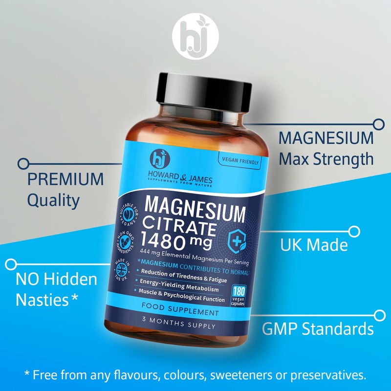 Magnesium Citrate 1480mg - 180 Vegan Capsules not Tablets -