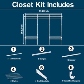 MODCART 6-10FT Closet Shelving System, Adjustable Metal Wire Shelf, Wall-mounted Closets Kit with Expandable Hanging Rod, DIY Organization Rack for Walk-in/Built-in Wardrobe of Bedroom, Laundry