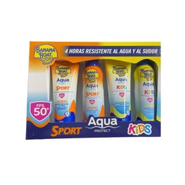 set 4 protectores Banana Boat, Protección Solar Resistente al Agua y Sudor,2 Aqua Sport, 2 Aqua Kids, 4 Horas