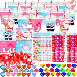 Valentines Day Gifts for Kids Classroom, 24 Packs Valentines Day Stationery Set Gift with Gift Cards Cups Pencils Erasers Stampers Stickers, Valentines Day Cards for Classroom School Classmates