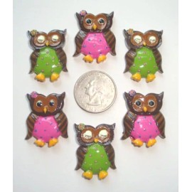 6PC POLKA DOT FLOWER HOOTS FLATBACK RESINS PINK LIME 4 OWL HAIRBOW BOW CENTER