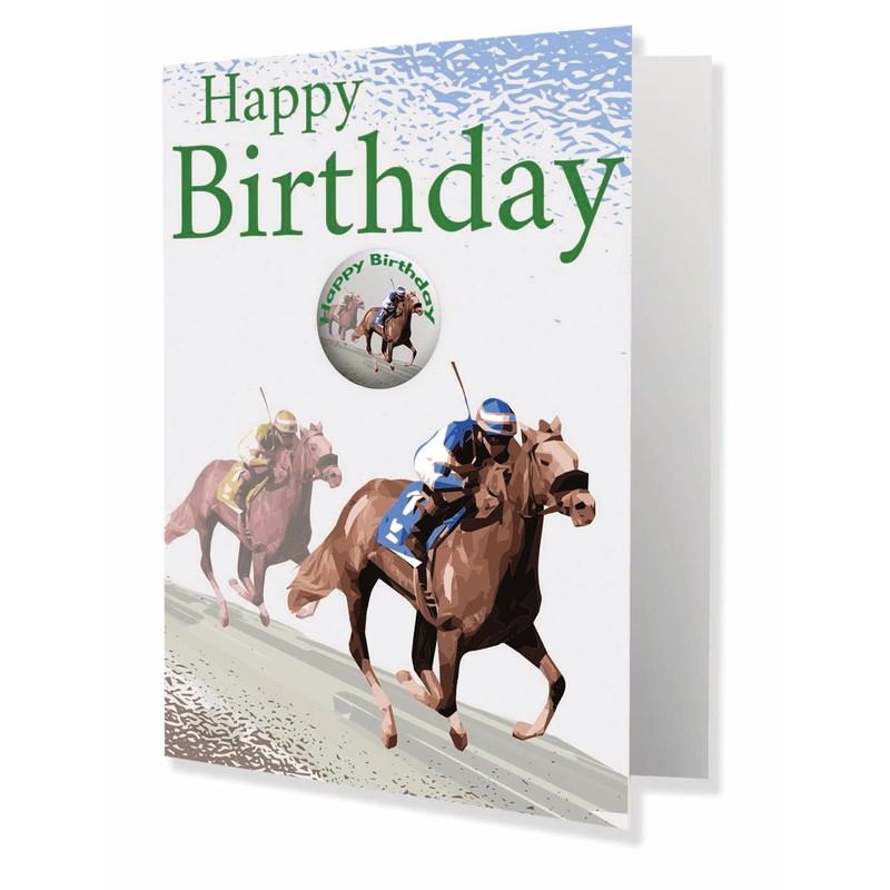 AK Giftshop Horse Racing Birthday Card With Badge