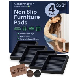 CasterMaster Non-Slip Furniture Pads Square Rubber Anti-Skid Caster Cups, Leg Coasters - Anti-Sliding Floor Protectors for Furniture (Black, 3'' x 3'' - 4 Pack)