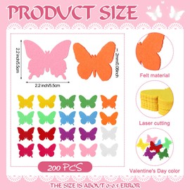 FuWeave 200 Pcs Colorful Felt Butterfly Die Cut Embellishment Multicolor Fabric Embellishments 2.2 Inch Felt Butterflies Pads Appliques for Spring Summer Home Classroom Wall Craft Project