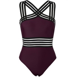 Hilor Women's One Piece Swimwear Front Crossover Swimsuits Hollow Bathing Suits Monokinis, Dark Merlot