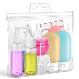 16 Pack Travel Bottles - Travel Essentials for Toiletries - TSA Approved Size - Empty Plastic Bottles with Sticker Sheet, Funnels, Spray Bottle & Carry Bag - For Shampoo, Lotion, Oil & Sanitizer