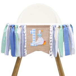 One Silly Goose High Chair Banner - Pink Grid 1st Birthday Decoration，First Birthday Fabric Garland, 1st Party High Chair Skirt,Boys First Birthday Party Decorations, Blue Goose 1st Birthday Banner
