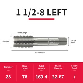 1 1/2-8 Left Hand Straight Flute Thread Tap Machine Tap HSS (High Speed Steel) Threading Tapping Repair Tools DRINYOUNG (1 1/2-8 Left)