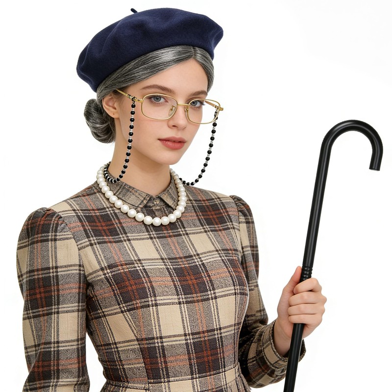 Tiwindx Old Lady Costume Outfit for Women Grandma Granny Wig