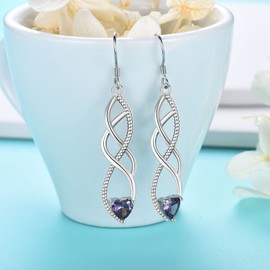 Sterling Silver Dangle Earrings for Women, Hypoallergenic Silver Drop Earring with Cubic Zirconia Twisted Linear Loops Wire Purple CZ Earring Jewellery Girls Gifts for Birthday Anniversary Christmas