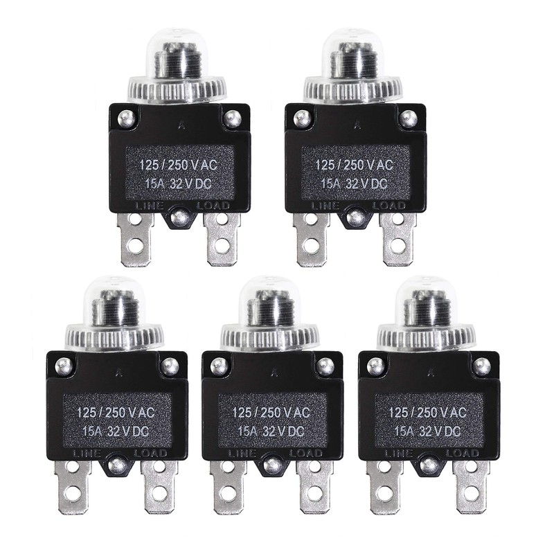 Fuzbaxy 5PCS 15Amp Circuit Breakers with Push Button Reset 32VDC,AC125-250V