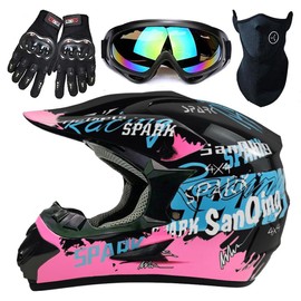 Motocross Helmet,Youth & Kids ATV Dirt Bike Motorcycle, BMX 4-Wheeler Off-Road Mountain Bike Helmet,DOT Certified,W/Gloves Goggles Mask 4-Piece Set (Pink, Large)