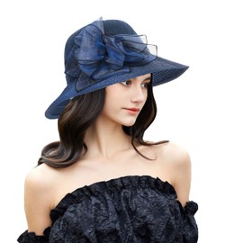 Women Crochet Organza Flower Straw Sun Hat French Beach Straw Hat Derby Tea Party Hat Bridal Wedding Fascinator (as1, Alpha, m, New Navy)