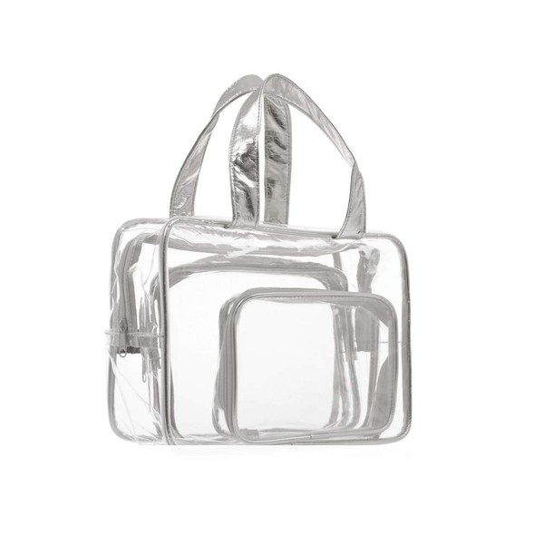 HUNYLONDON Silver Metallic 3pcs Set Waterproof Clear Transparent Cosmetic Toiletry PVC Travel Wash Makeup Bag Pouch