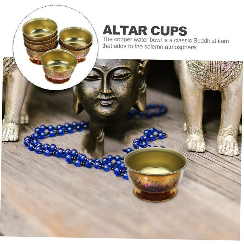 Ciieeo 7pcs Holy Water Offering Cup Copper Lotus Pattern Buddhist
