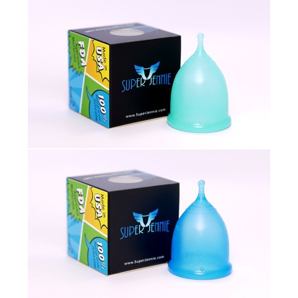 Super Jennie Menstrual Cup - Large Capacity Period Cup for Heavy Flow Sensitive Bladder Users, Soft, Flexible, Tampon Pad Alternative - Made in USA, 2 Pack (S Teal & Large Blue)