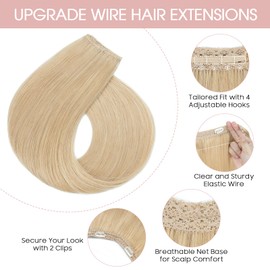 Silk-co Secret Wire In Hair Extensions No Clip Invisible Remy Human Hair One Piece Straight Natural Invisible Adjustable Secret Wire Hairpiece Extensions 12 Inch-55g #24 Natural Blonde