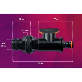 GASMIS Tank Feedthrough with Stopcock, External Thread 26.44 mm, 3/4 Inch Quick Connector, Rain Barrel Feed-through, Rain Barrel, Water Barrel, Pack of 1