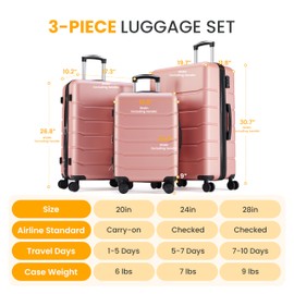 HealSmart Hardside Carry-On Luggage, Expandable Portable Hardshell Luggage with Spinner Wheels, Lightweight Suitcase TSA Lock, Pink, 3-Piece Set (20/24/28)