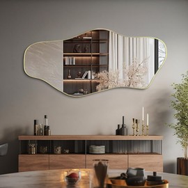 DAOYIJIAJU Irregular Mirror, 51.1"x23.6" Asymmetrical Frameless Mirrors, Large Gold Abstract Wall Mirrors, Modern Unique Shaped Mirror for Living Room Bathroom Bedroom Hallway Entryway