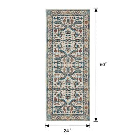 Joydeco Runner Rug 2x5 Non Slip Machine Washable Vintage Rug, Low Pile Non Slip Chenille Print Rugs for Doormat, Entryway, Bedroom, Kitchen and Corridor, Bathroom, Blue Beige&Brown