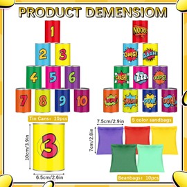 ShinyRelief 20 Pcs of Bean Bag Toss Game Carnival Knockdown Can Throwing Game Sets Including 10 Tin Cans and 10 Bean Bags Suitable for Kids Outdoor Lawn Yard Activities(Comic Style)