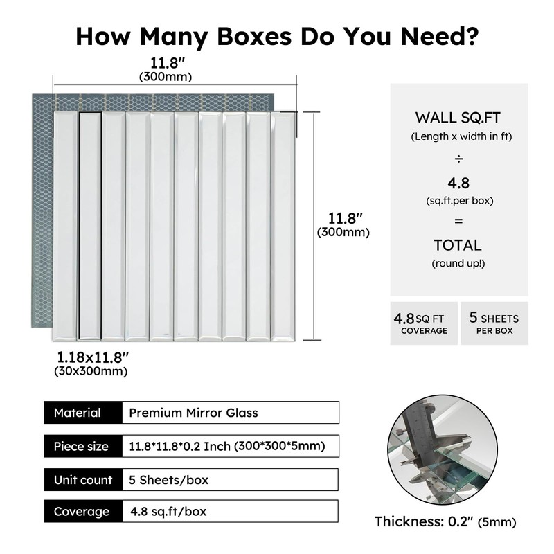 Diflart 5.7 Sq.ft Mirror Backsplash Tiles for Kitchen, Silver Subway,