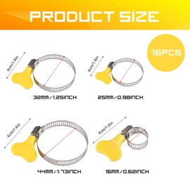 16 Pcs 4 Size Hose Clips Set with Handle,Adjustable Stainless Steel 10mm-44mm Range Garden Hose Clamp,Hose Clamps with Yellow Plastics Handle for Flexible Hose Tube