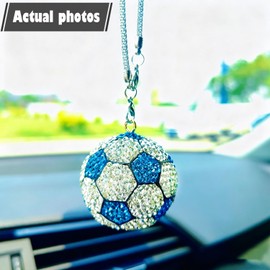 Bling Football Rear View Mirror Accessories, Cute Soccer Car Accessories for Women/Men, Sparkling Rhinestones Car Decorations Rearview Mirror Charms