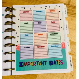 Handmade Important Dates 2 Sided Dashboard Insert for use with Classic Happy Planner