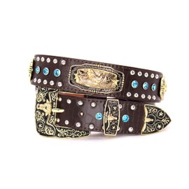 West Star Concho Genuine Leather Belt Mens Women Western Cowboy Leather Belt-Rooster Coffee Blue XXL