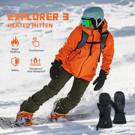 MOUNT TEC Explorer 3 Unisex Skiing & Snowboarding Heated Gloves & Mitten Waterproof Windproof Touch Screen Cold Weather Gloves Thermal for Cold Weather in Winter (Black, S)
