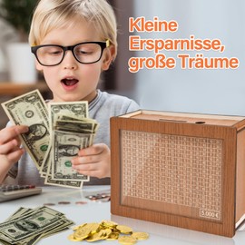 Swetfela Money Box 5000 Euro, Wooden Money Box with Counter, Reusable Money Box, Money Box for Adults and Children