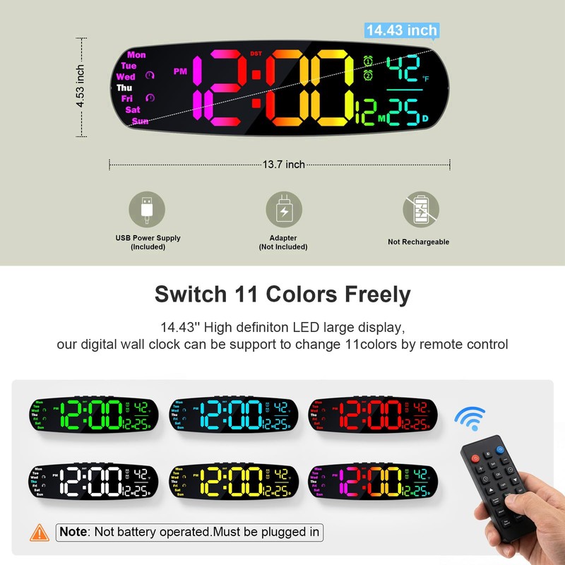 ANALOI Large Digital Wall Clock,14.4 inch Large Display Digital Clock